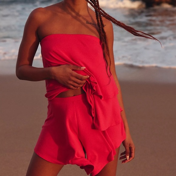 Free people red orange strapless layered + relaxed boho short sunsational set - Picture 10 of 10